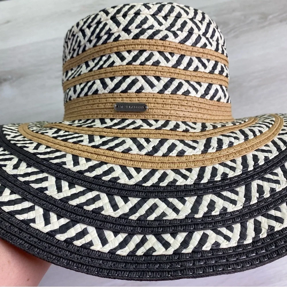 Steve Madden Sun Floppy Hat White Black Paper Straw Khaki One Size Wide brim